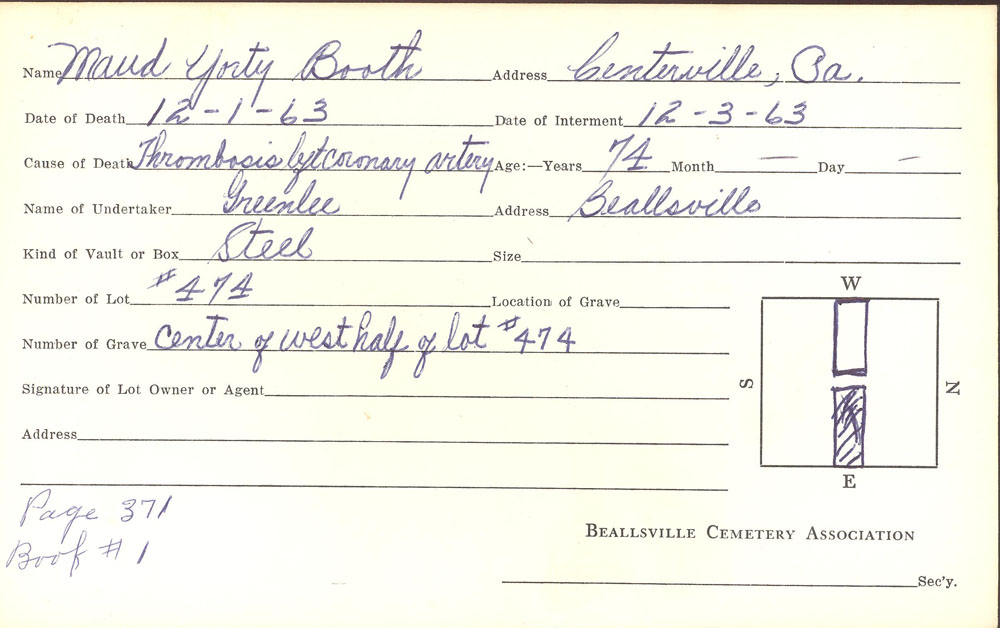 Maud Yorty Booth burial card